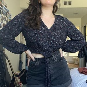 Navy Floral Crop Top w/ Bell Sleeves